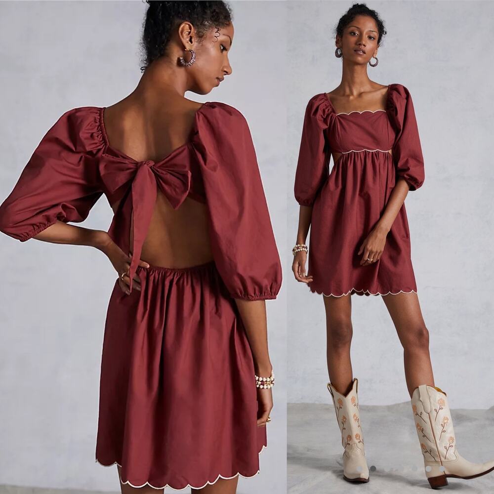 Anthropologie Burgundy Mini Dress with Scalloped Trim